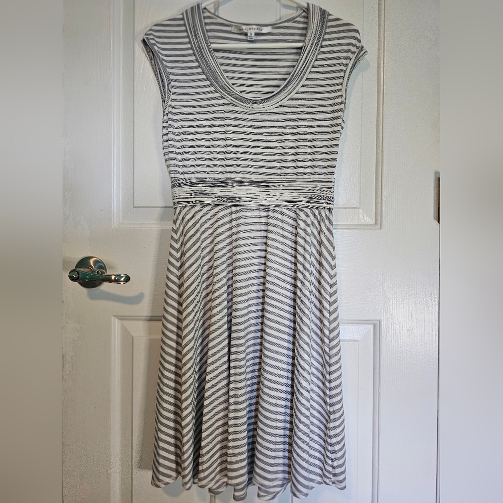 Max Studio Gray and White Striped A-line Skater Dress Women's Sz S